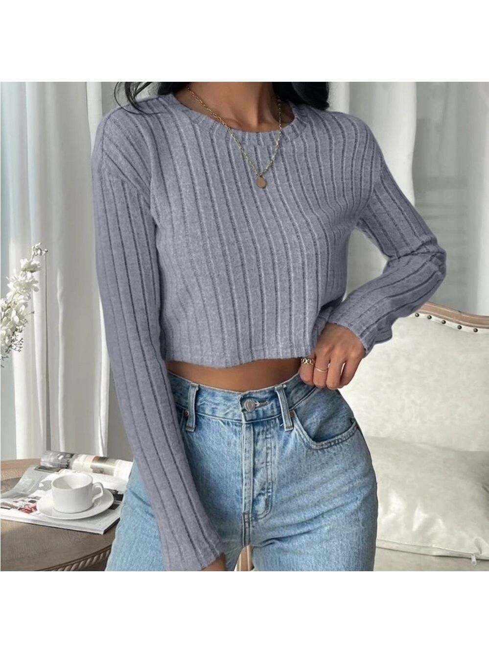 SHEIN EZwear Scoop Neck Rib Knit Crop Tee - Size Medium - Picture 7 of 14